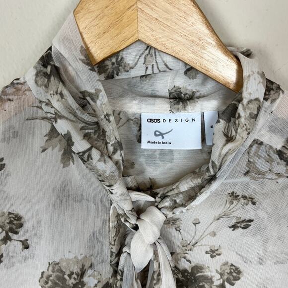 ASOS DESIGN Unisex Sheer Floral Vintage Blouse MEDIUM Neck Bow Shirt - Picture 6 of 10